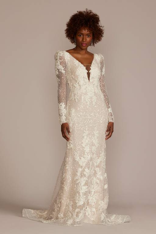 long sleeve petite wedding dresses Ivory Coast Petite Long Sleeve Linear Embellished Wedding Dress