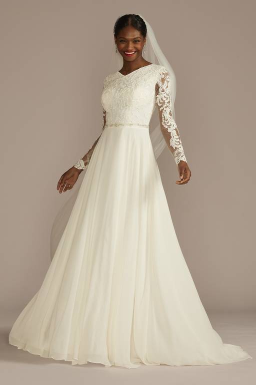modest chiffon dresses with sleeves Modest A-line Square Neck Wedding Dress Edita with Long Chiffon Sleeves 4 US (36 EU) / Ivory