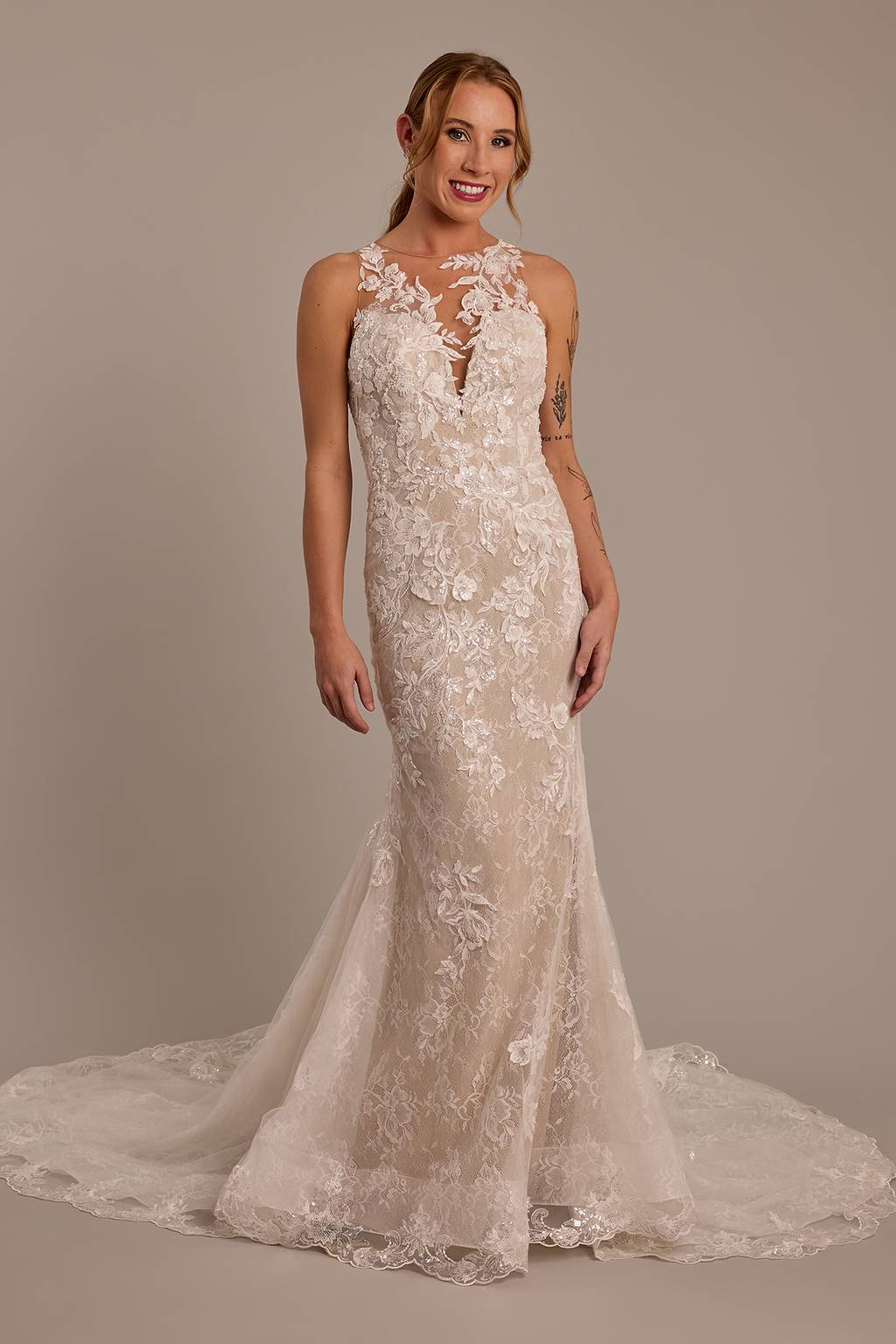 illusion lace mermaid wedding dress Illusion Neckline Lace Mermaid Church Long Wedding Dress WD131 Custom Size / Ivory