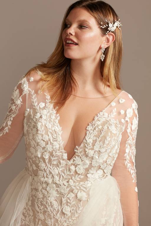 galina signature embroidered floral illusion bodysuit wedding dress Embellished Illusion Lace Bodysuit Wedding Dress