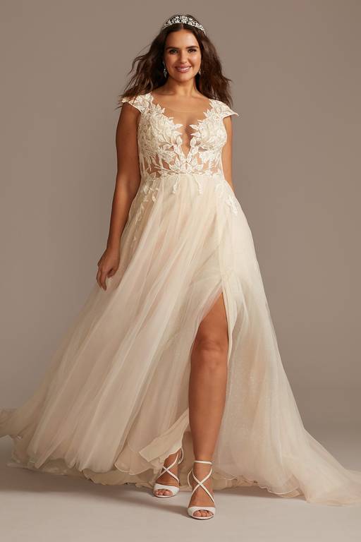oleg cassini lace applique cap sleeve satin wedding dress Oleg Cassini Vintage Cap Sleeve Wedding Gown Modest Lace Applique Detail Plus Size Bridal Gowns Sweep Train Wedding Dresses
