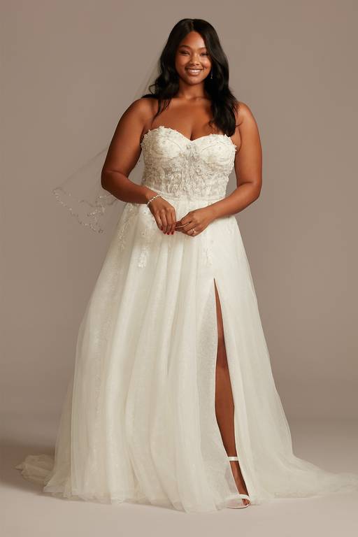 david's bridal metallic dress Plus Size Wedding Dress with Metallic Tulle