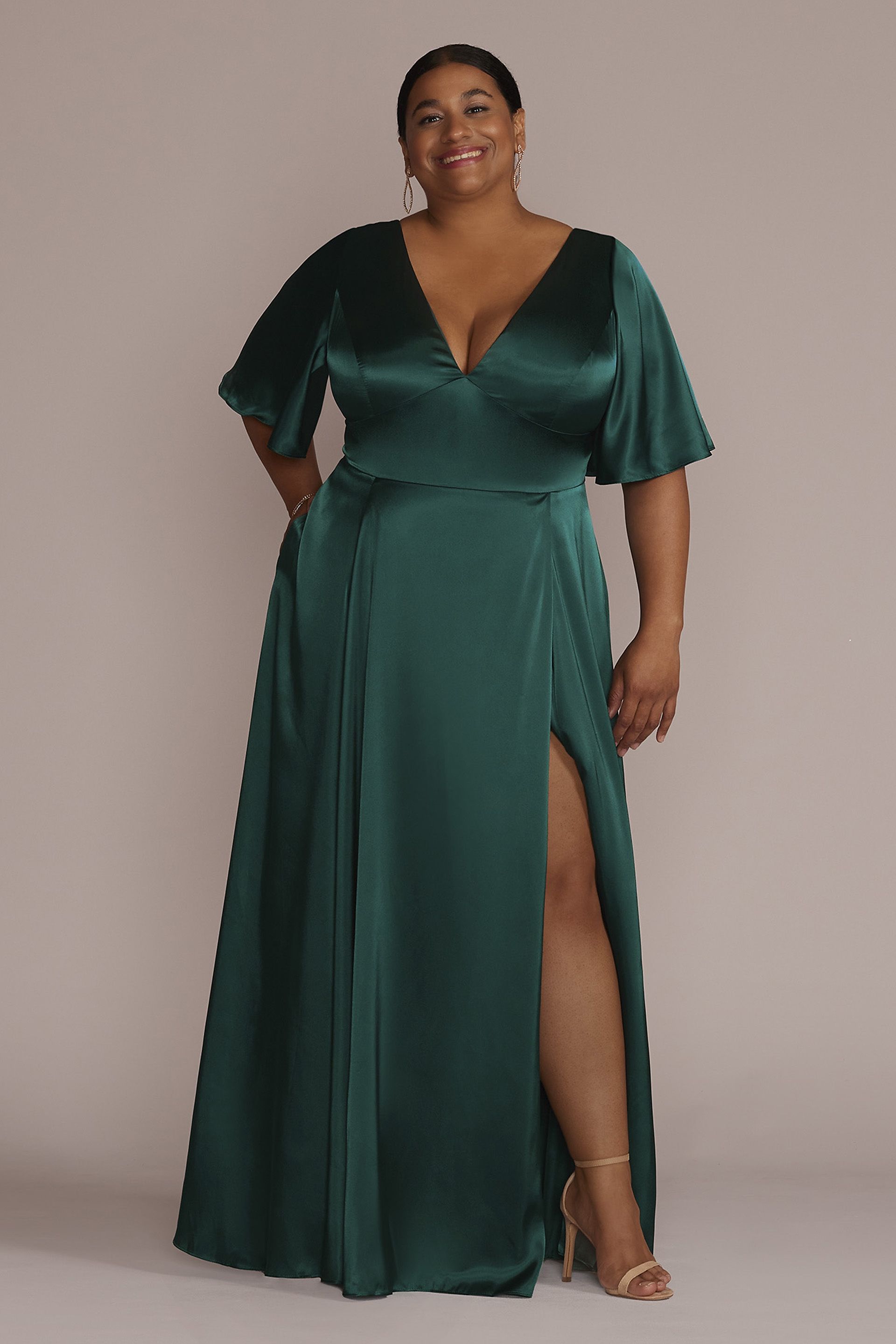 charmeuse flutter sleeve a line bridesmaid dress As Is Flutter-Sleeve A-Line Dark Teal Length