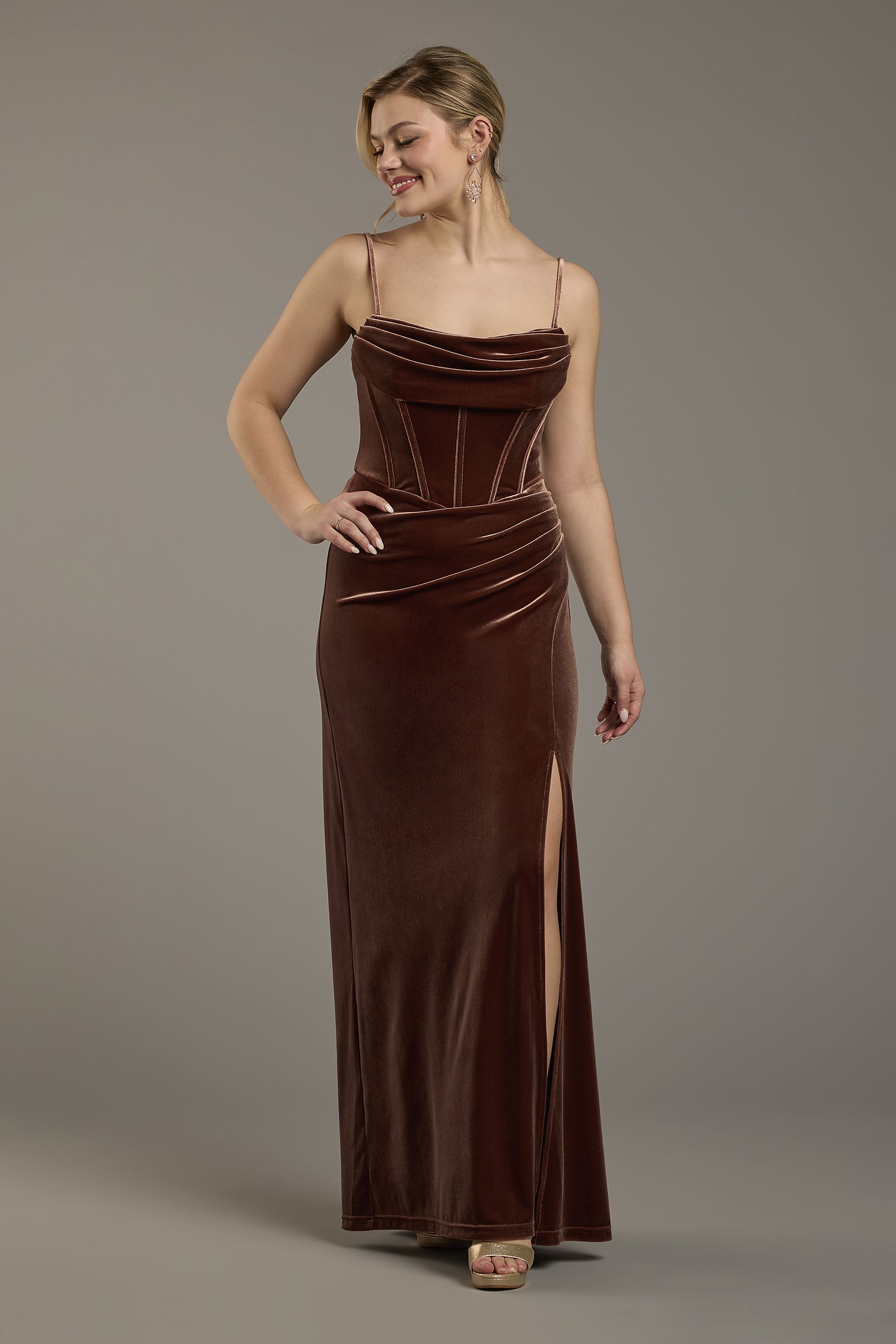 As Is Velvet Corset Bodice Spaghetti Strap Sheath Dress in Chocolate Size: 14 David's Bridal