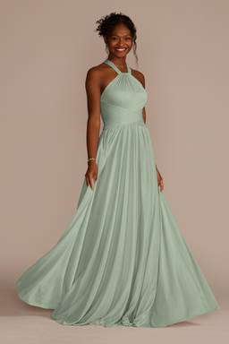 high neck mesh bridesmaid dress with full skirt Mesh Bridesmaid Dress with High-Neck Halter