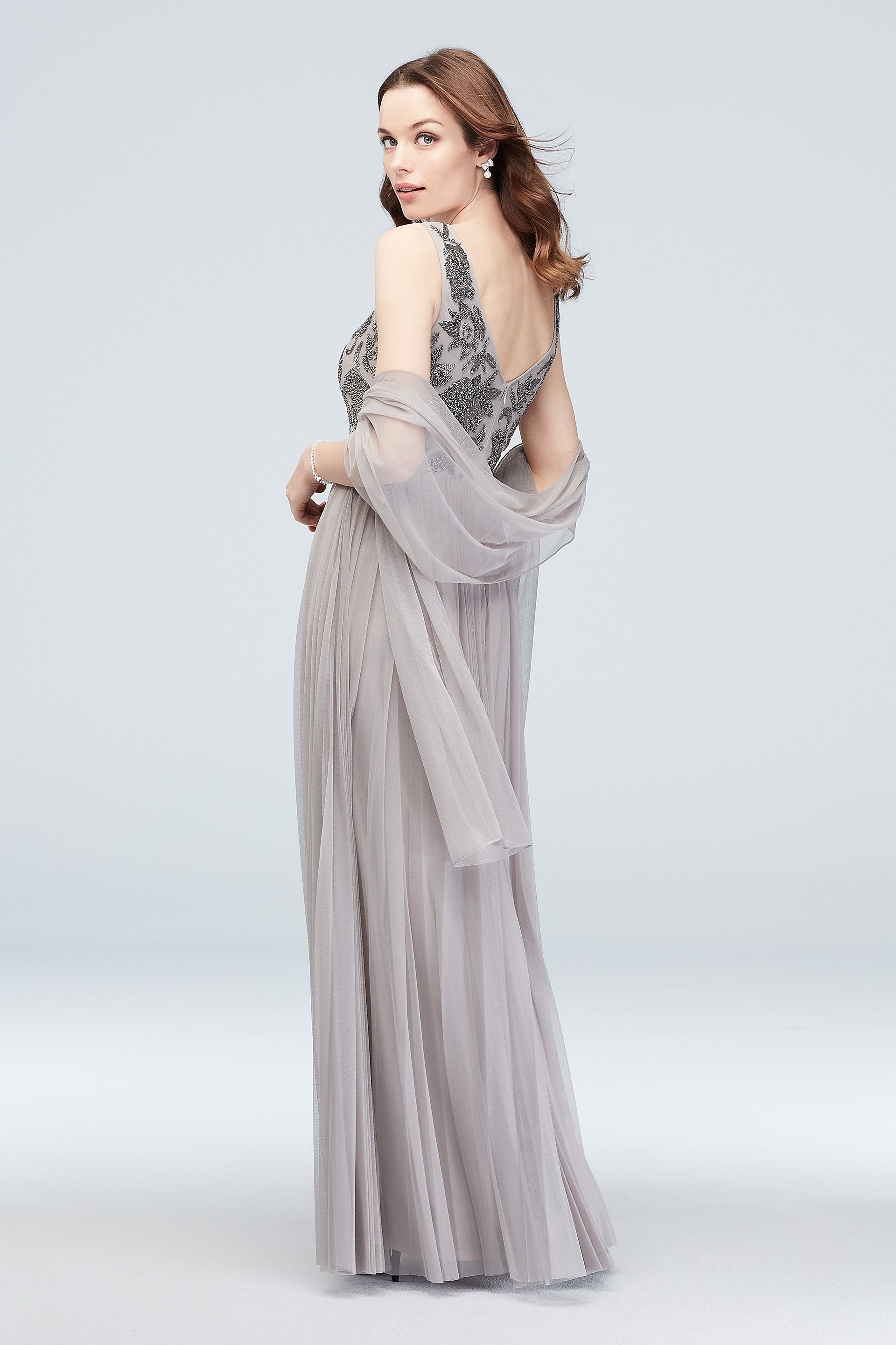 Beaded Bodice Accordion Pleated Gown with Shawl | David's Bridal