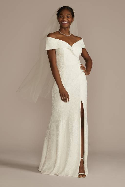 off the shoulder lace sheath dress Boho Off-Shoulder Mermaid Scalloped Lace Wedding Dress With Long Train Diamond White / 18