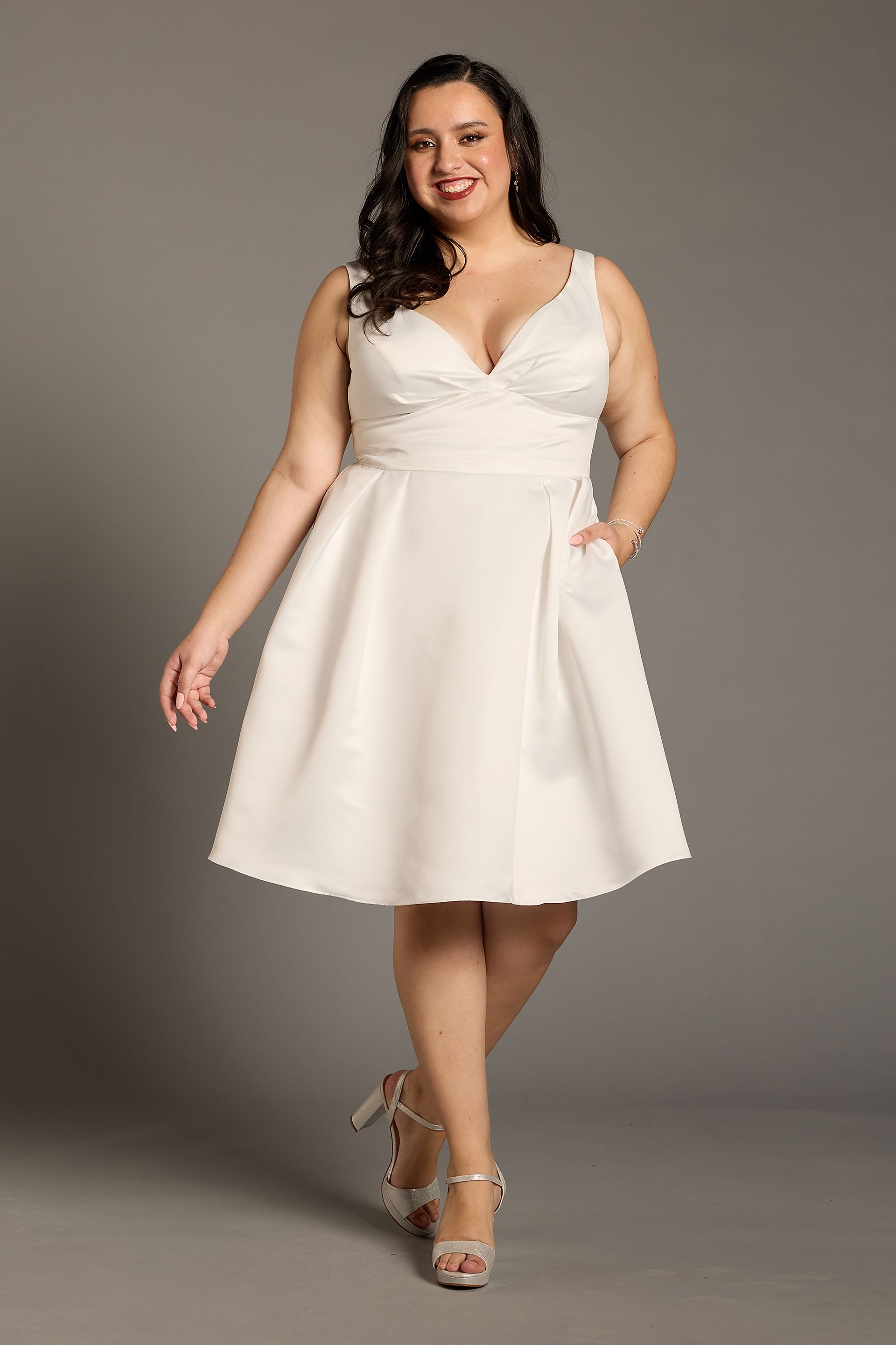 Satin Plunging V-Neck A-Line Mini Dress | David's Bridal