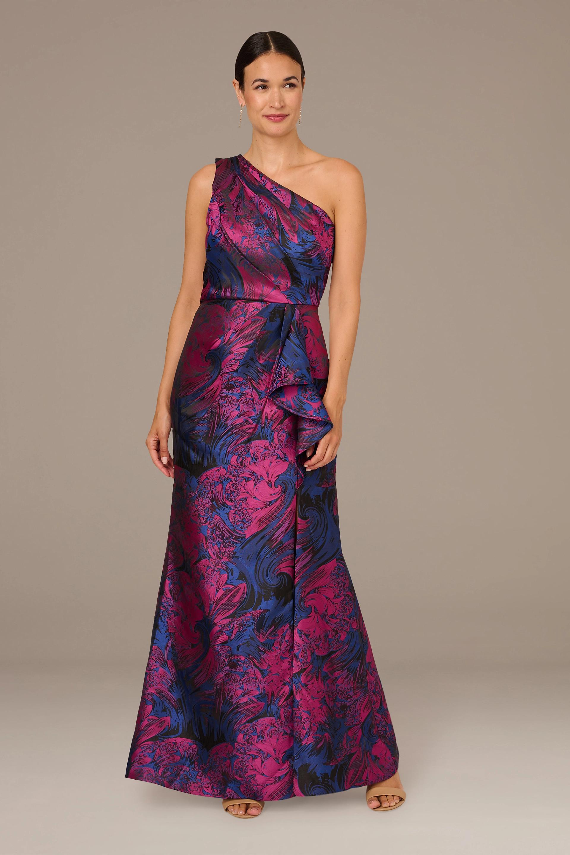 One-Shoulder Ruffled Jacquard Sheath Dress | David's Bridal