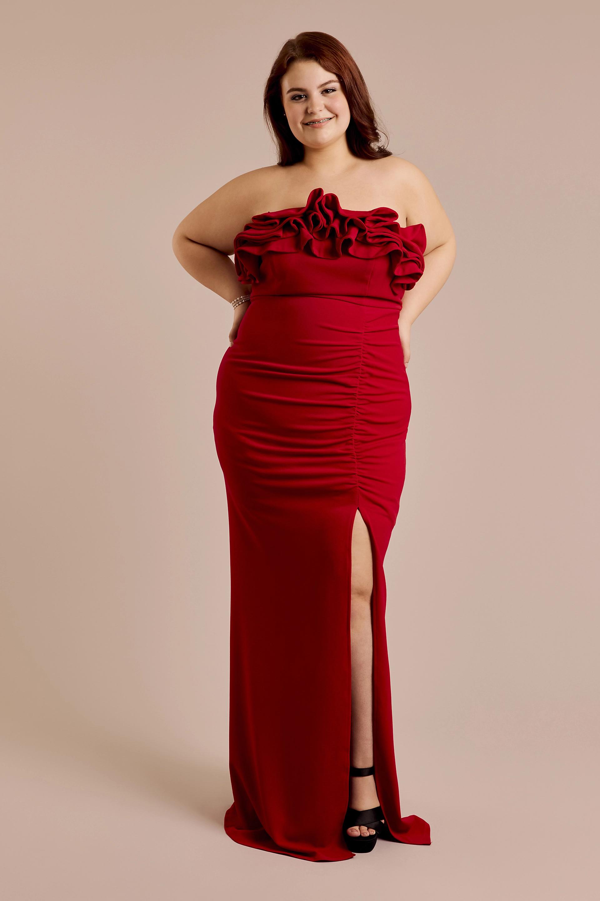 Picture of Strapless Crepe Sheath Dress with Ruffle Neckline