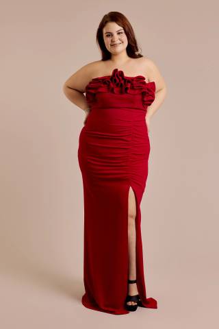 View Emerald Sundae Strapless Crepe Sheath Dress with Ruffle Neckline in all available color and sizes Picture of Strapless Crepe Sheath Dress with Ruffle Neckline