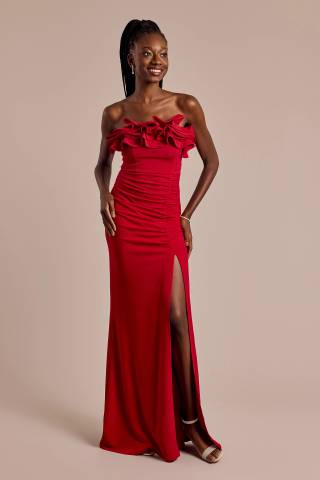 Picture of Strapless Crepe Sheath Dress with Ruffle Neckline