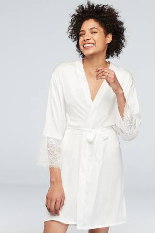 View David's Bridal Metallic Script Bride Satin Robe in all available color and sizes Picture of Metallic Script Bride Satin Robe
