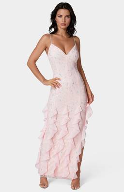 tiered satin charmeuse ruffle high low dress Unique Lace Sweetheart A-Line High Split Tiered Floor-Length Charmeuse Prom Dresses