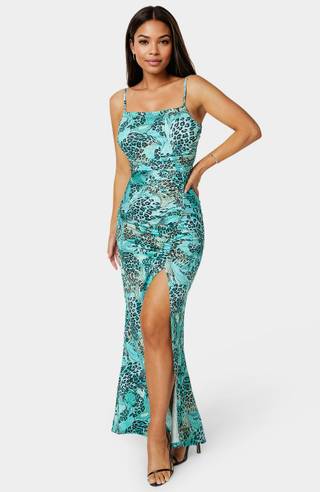 View Bebe Ruched High Slit Solid Dress in all available color and sizes Picture of Ruched High Slit Solid Dress