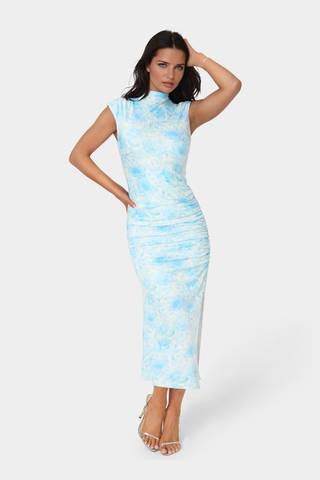 View Bebe Sleeveless Mock Neck Ruched Midaxi Dress in all available color and sizes Picture of Sleeveless Mock Neck Ruched Midaxi Dress