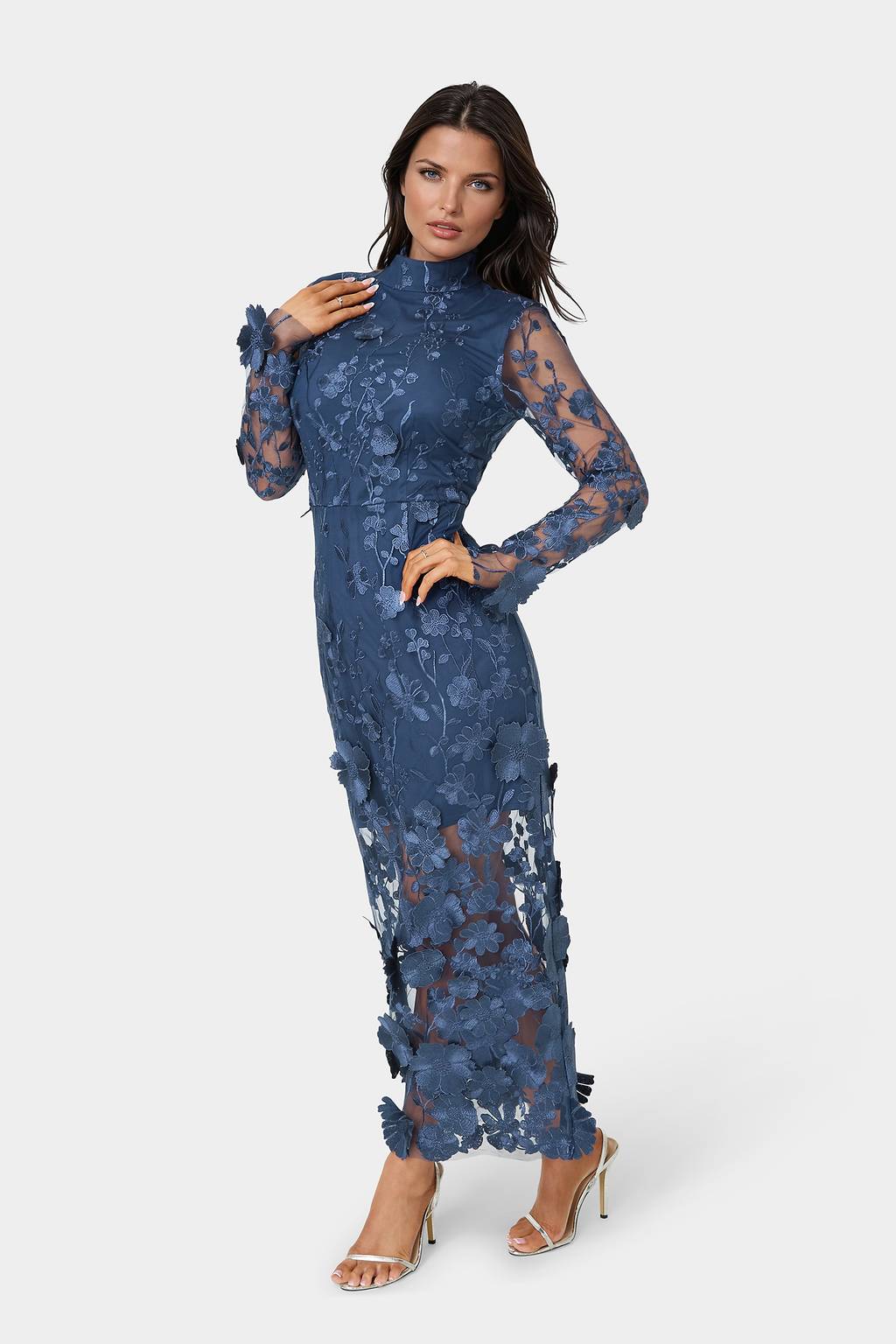 bishop sleeve floral mesh maxi dress in navy multi fitted lace wedding dress Bishop Sleeve Floral Mesh Maxi Dress In Navy Multi