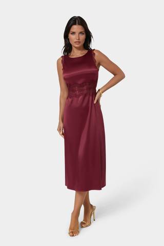 View Bebe Satin Lace Insert Midi Dress in all available color and sizes Picture of Satin Lace Insert Midi Dress