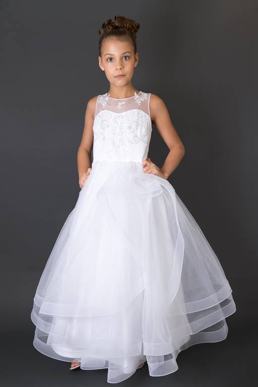lace communion dresses Satin First Communion Gown with Lace Bodice