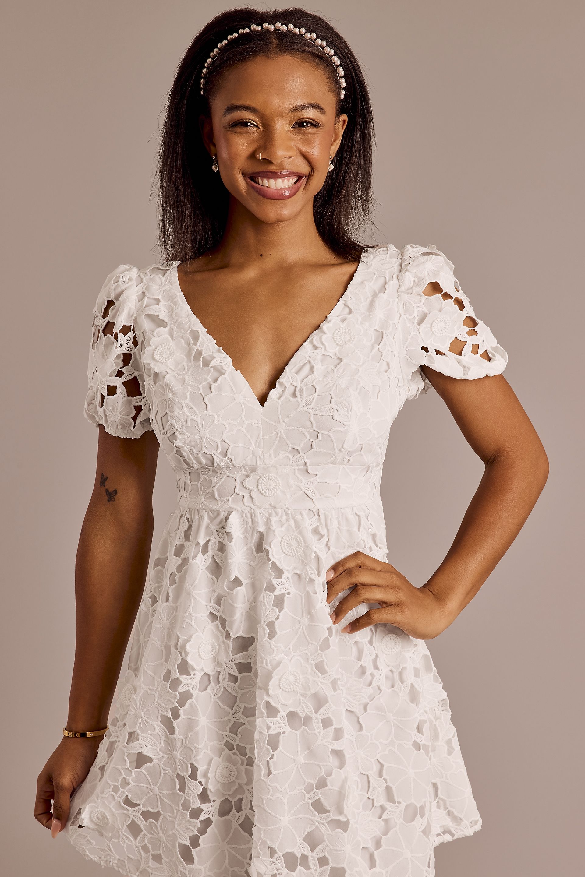 Eyelet Lace V-Neck Short Dress with Tie Back | David's Bridal