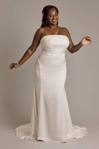 View Oleg Cassini Satin Straight-Neck Sheath Wedding Dress in all available color and sizes Picture of Satin Straight-Neck Sheath Wedding Dress