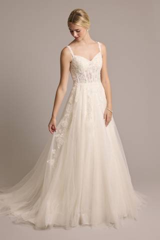 View Oleg Cassini Tulle Tank Ball Gown with Floral Lace Appliques in all available color and sizes Picture of Tulle Tank Ball Gown with Floral Lace Appliques