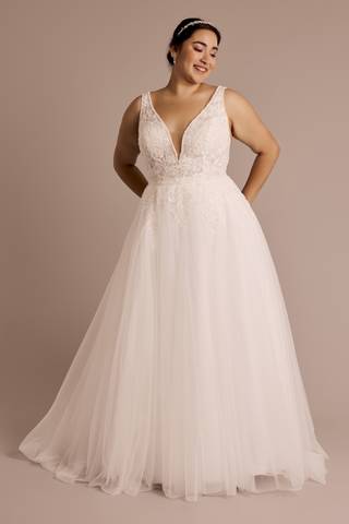 View Oleg Cassini Plunging Neckline Lace and Tulle Ball Gown in all available color and sizes Picture of Plunging Neckline Lace and Tulle Ball Gown