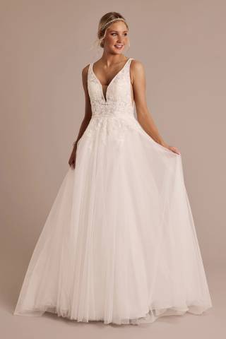 View Oleg Cassini Plunging Neckline Lace and Tulle Ball Gown in all available color and sizes Picture of Plunging Neckline Lace and Tulle Ball Gown