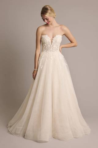 View Oleg Cassini 3D Floral Plunging Strapless Tulle Ball Gown in all available color and sizes Picture of 3D Floral Plunging Strapless Tulle Ball Gown