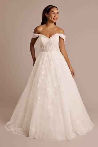 View Oleg Cassini Lace Applique Ball Gown with Swag Sleeves in all available color and sizes Picture of Lace Applique Ball Gown with Swag Sleeves