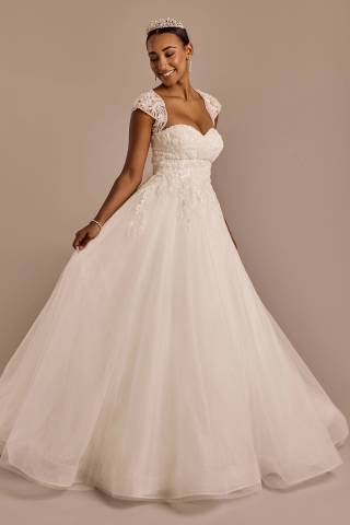 View Oleg Cassini Lace Applique Ball Gown with Removable Sleeves in all available color and sizes Picture of Lace Applique Ball Gown with Removable Sleeves