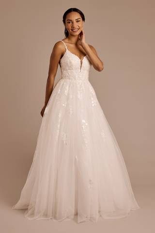 View Oleg Cassini Spaghetti Strap Tulle Ball Gown in all available color and sizes Picture of Spaghetti Strap Tulle Ball Gown