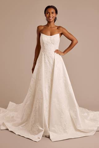 View Oleg Cassini Appliqued Satin Wedding Dress with Overskirt in all available color and sizes Picture of Appliqued Satin Wedding Dress with Overskirt