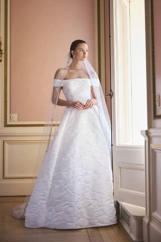 View Oleg Cassini Off-the-Shoulder Jacquard Ball Gown Wedding Dress in all available color and sizes Picture of Off-the-Shoulder Jacquard Ball Gown Wedding Dress