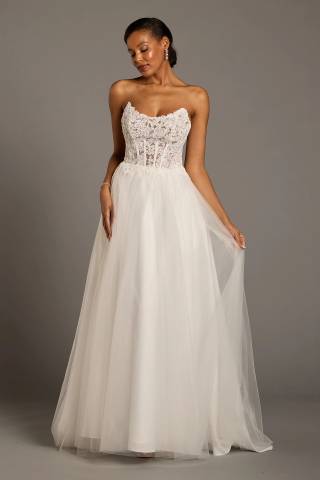 View Oleg Cassini Strapless Lace and Tulle Ball Gown Wedding Dress in all available color and sizes Picture of Strapless Lace and Tulle Ball Gown Wedding Dress