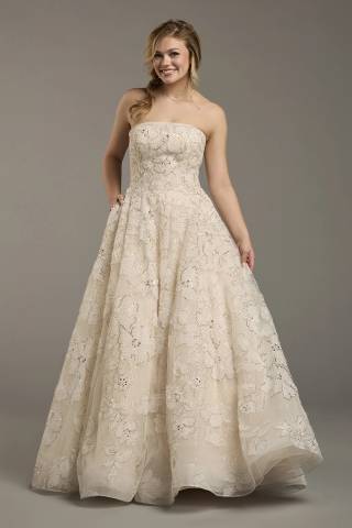 View Oleg Cassini Floral Embroidered Strapless Tulle Ball Gown in all available color and sizes Picture of Floral Embroidered Strapless Tulle Ball Gown