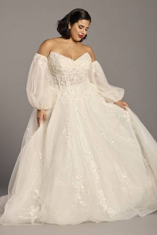 oleg cassini plus size organza 3 4 wedding dress Oleg Cassini Satin Bodice Organza Wedding Dress