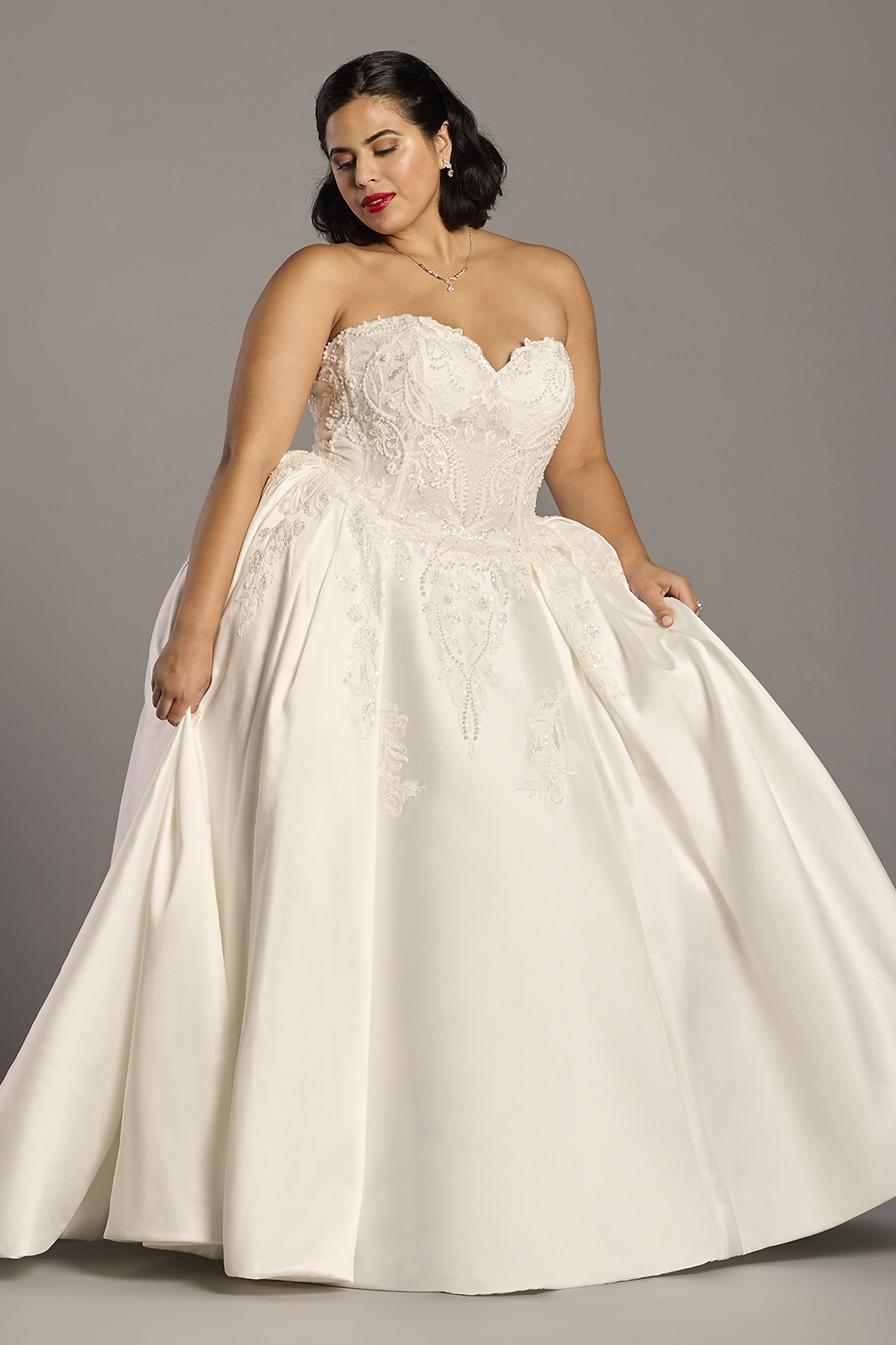 Oleg Cassini Embellished Satin Ball Gown Wedding Dress in Soft White Size: 18W David's Bridal