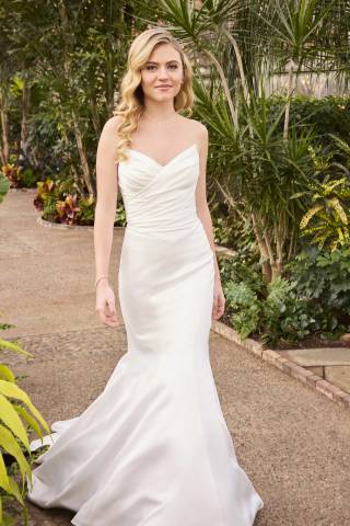 View Oleg Cassini Stretch Satin Basque Waist Mermaid Wedding Dress in all available color and sizes Picture of Stretch Satin Basque Waist Mermaid Wedding Dress