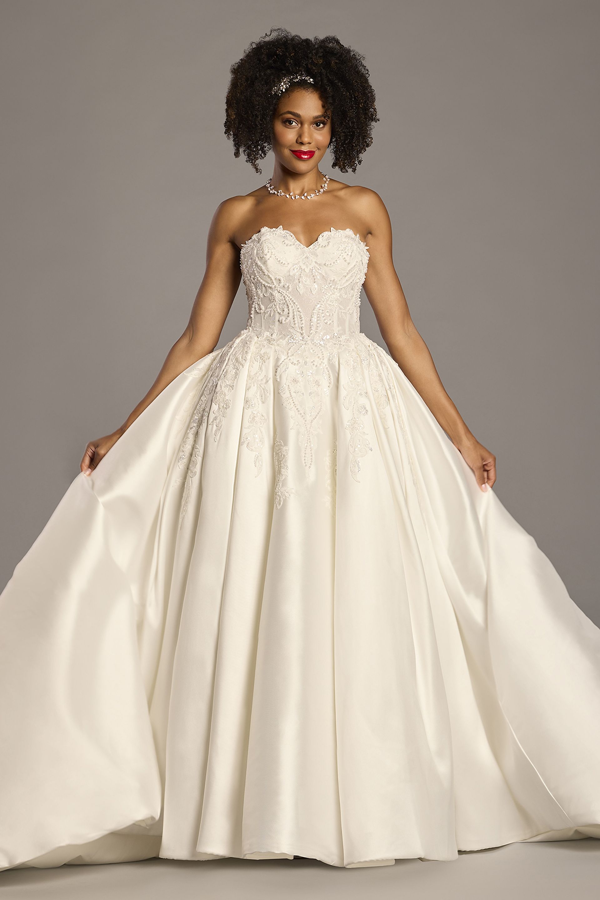 Oleg Cassini Embellished Satin Ball Gown Wedding Dress in Soft White Size: 4 David's Bridal