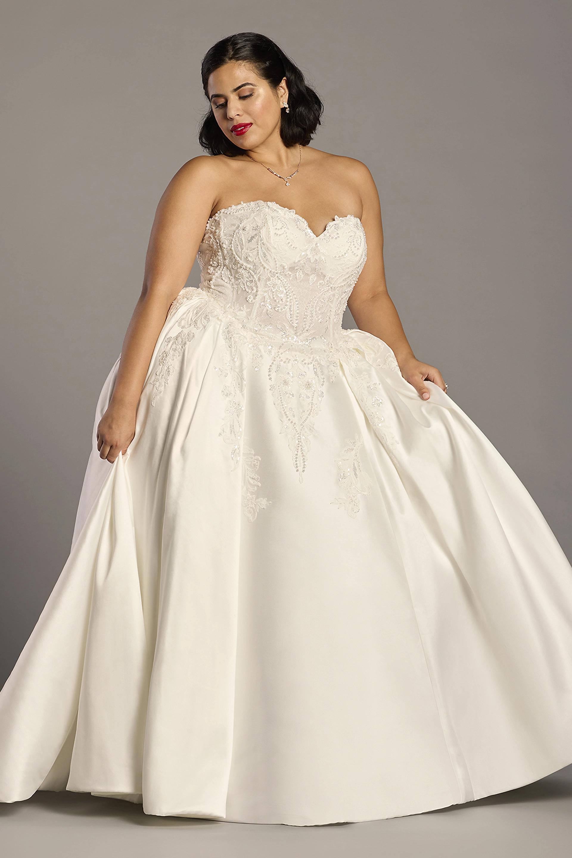 Oleg Cassini Embellished Satin Ball Gown Wedding Dress in Soft White Size: 24W David's Bridal