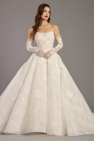 View Oleg Cassini Strapless Lace Ball Gown with Matching Gloves in all available color and sizes Picture of Strapless Lace Ball Gown with Matching Gloves