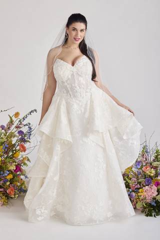 View Oleg Cassini Lace Appliqued Pickup Ball Gown in all available color and sizes Picture of Lace Appliqued Pickup Ball Gown