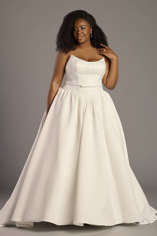 basque waist engagement dress Fit and flare lace wedding dress with basque waist and long sleeves