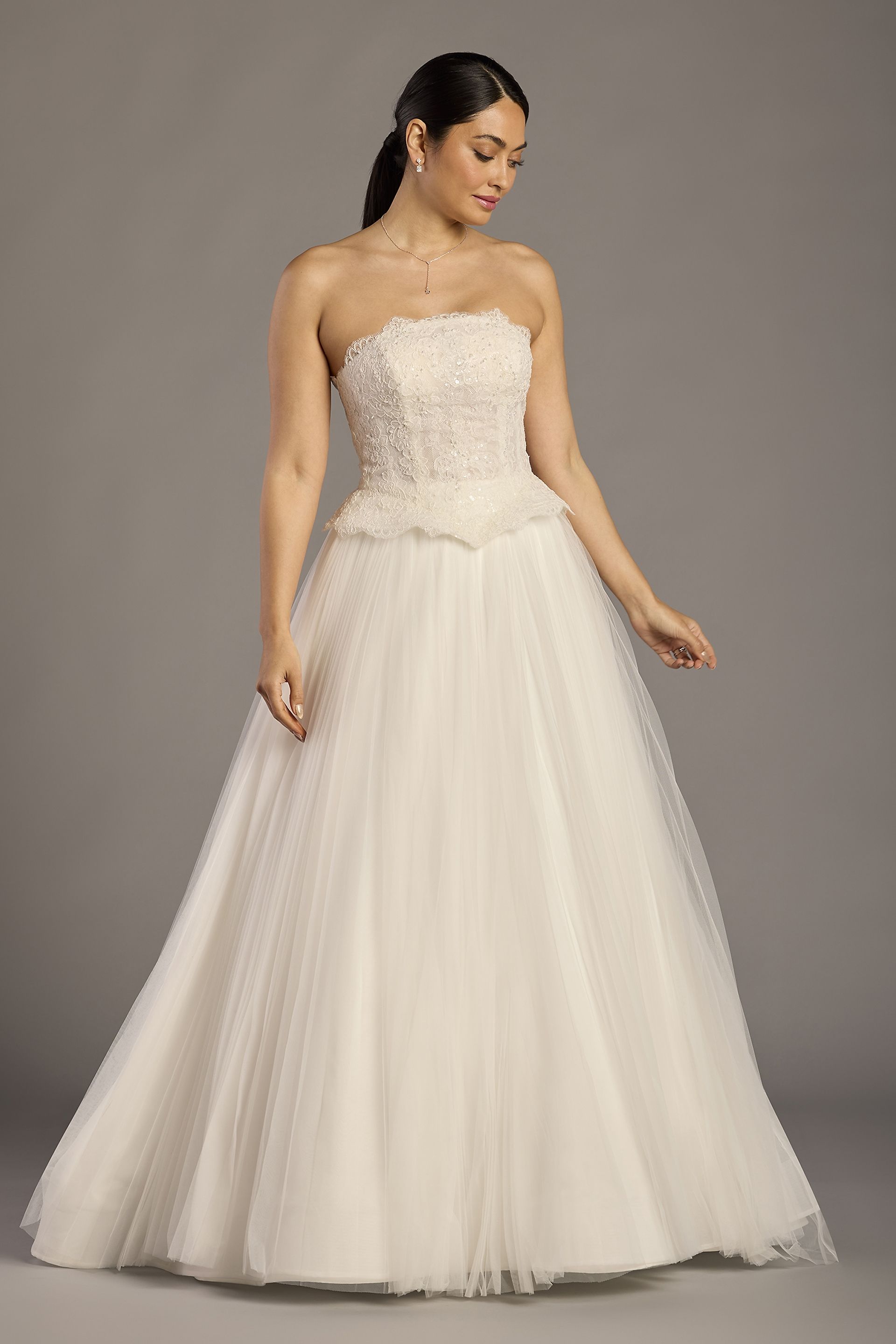 Oleg Cassini Lace Peplum Strapless Ball Gown Wedding Dress in Soft White Size: 4 David's Bridal