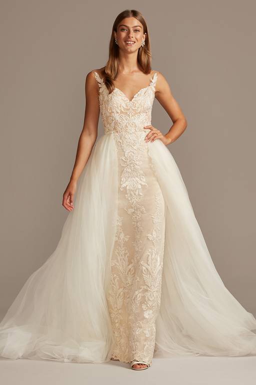lace sheath wedding dress with removable overskirt Long-Sleeve Lace Wedding Dress with Overskirt