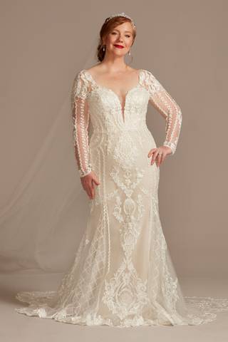 View Oleg Cassini Beaded Scroll and Lace Mermaid Wedding Dress in all available color and sizes Picture of Beaded Scroll and Lace Mermaid Wedding Dress