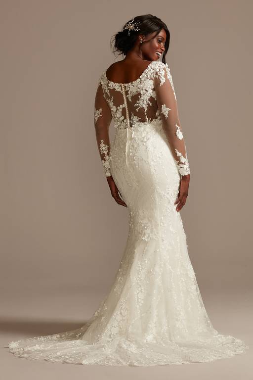 long sleeve 3d floral wedding dress Long Puff Sleeves Wedding Dress With 3D Floral Lace Details, Tulle Skirt Bridal  Dress With Long Train