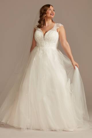 View Oleg Cassini Plunging Open Back Tulle Wedding Dress in all available color and sizes Picture of Plunging Open Back Tulle Wedding Dress