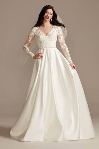 View Oleg Cassini Long Sleeve Satin Applique Wedding Dress in all available color and sizes Picture of Long Sleeve Satin Applique Wedding Dress